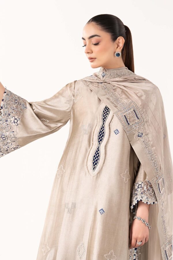 3 Piece Embroidered Self Tassel Silk Suit - Grey 3 Piece Embroidered Self Tassel Silk Suit - Grey