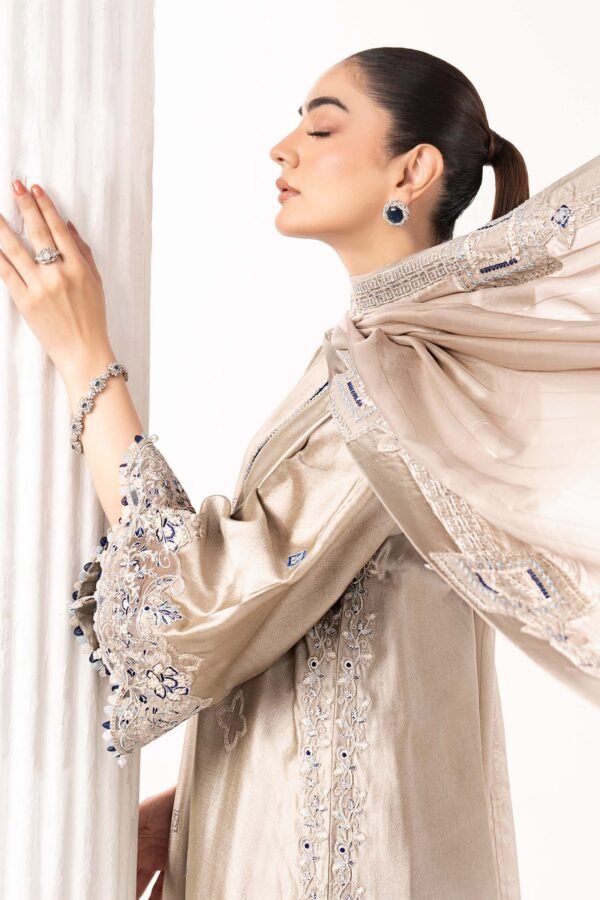 3 Piece Embroidered Self Tassel Silk Suit - Grey 3 Piece Embroidered Self Tassel Silk Suit - Grey