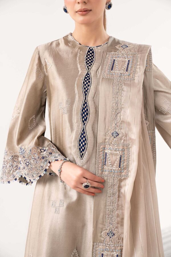 3 Piece Embroidered Self Tassel Silk Suit - Grey 3 Piece Embroidered Self Tassel Silk Suit - Grey