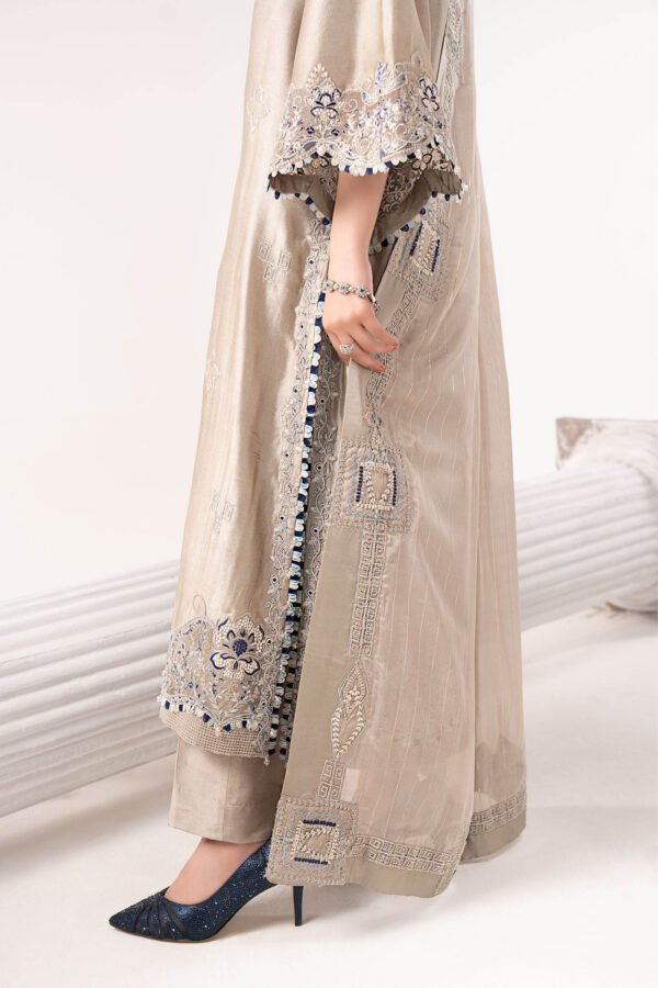 3 Piece Embroidered Self Tassel Silk Suit - Grey 3 Piece Embroidered Self Tassel Silk Suit - Grey
