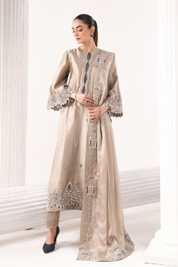 3 Piece Embroidered Self Tassel Silk Suit - Grey 3 Piece Embroidered Self Tassel Silk Suit - Grey