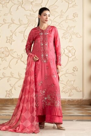 3 Piece Embroidered Tissue Silk Suit - Pink