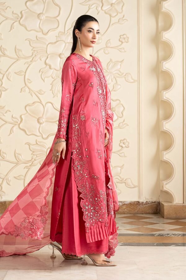 3 Piece Embroidered Tissue Silk Suit - Pink