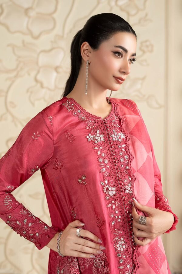 3 Piece Embroidered Tissue Silk Suit - Pink