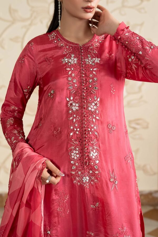 3 Piece Embroidered Tissue Silk Suit - Pink