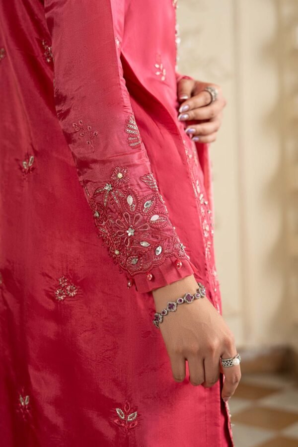 3 Piece Embroidered Tissue Silk Suit - Pink