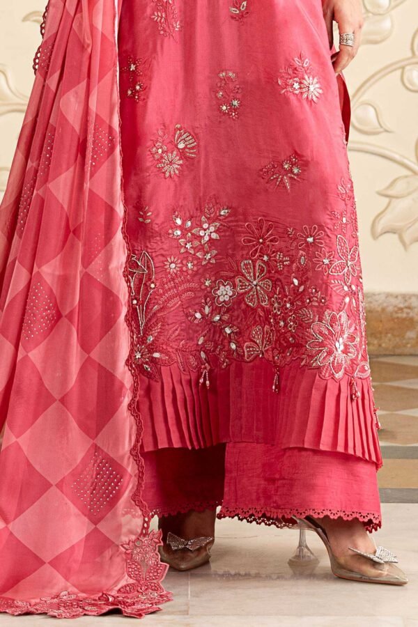3 Piece Embroidered Tissue Silk Suit - Pink