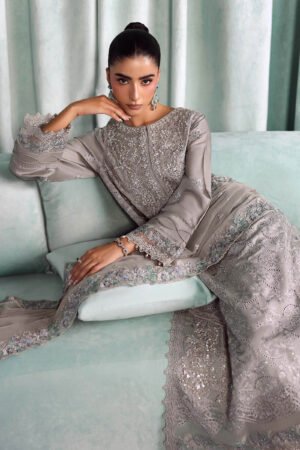 3 Piece Embroidered Tissue Silk Suit - Grey