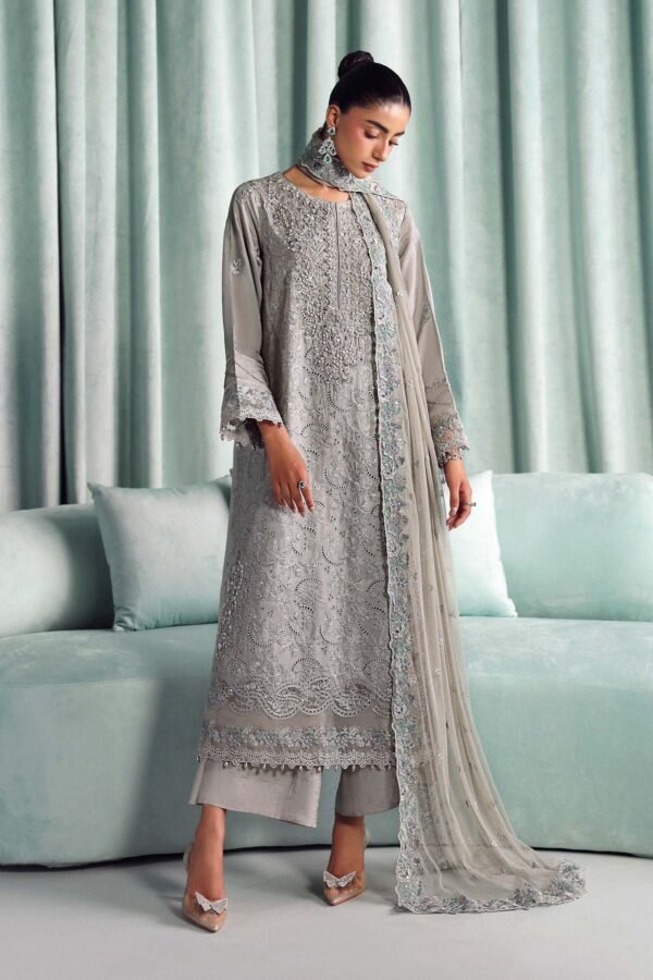 3 Piece Embroidered Tissue Silk Suit - Grey