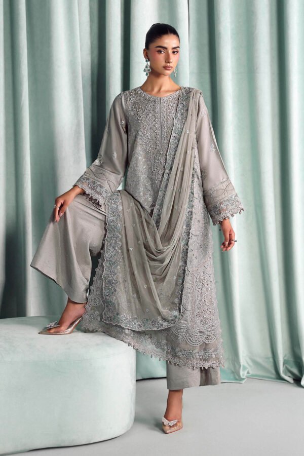 3 Piece Embroidered Tissue Silk Suit - Grey