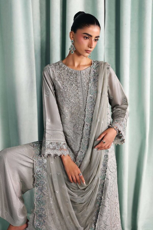 3 Piece Embroidered Tissue Silk Suit - Grey