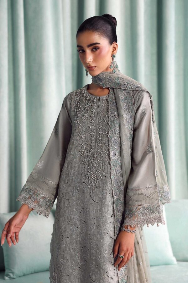 3 Piece Embroidered Tissue Silk Suit - Grey
