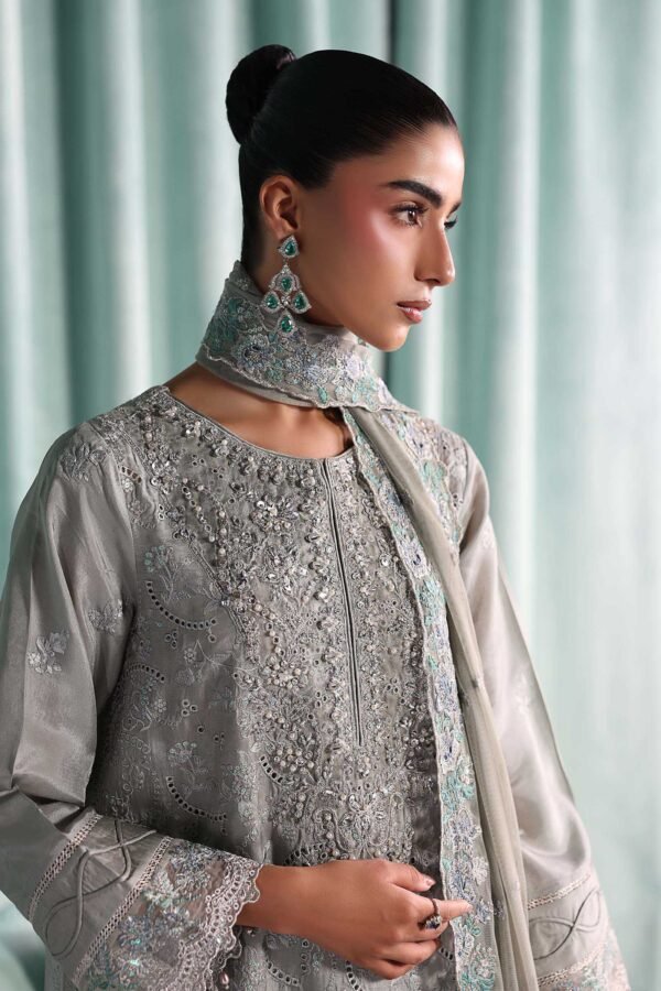 3 Piece Embroidered Tissue Silk Suit - Grey