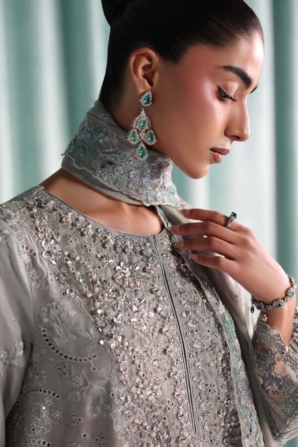 3 Piece Embroidered Tissue Silk Suit - Grey
