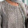 3 Piece Embroidered Tissue Silk Suit - Grey