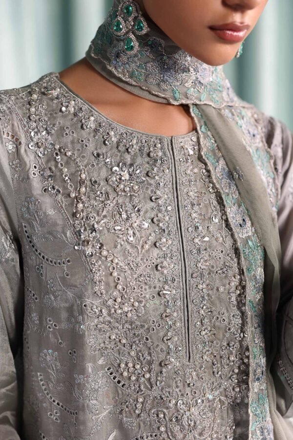 3 Piece Embroidered Tissue Silk Suit - Grey