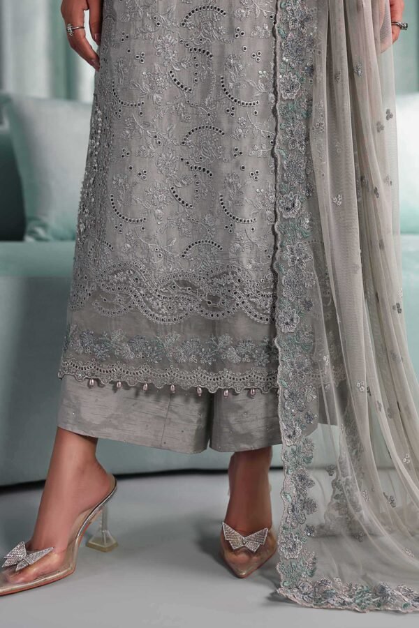 3 Piece Embroidered Tissue Silk Suit - Grey