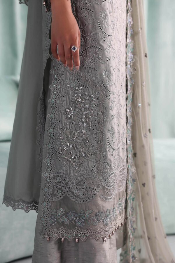 3 Piece Embroidered Tissue Silk Suit - Grey