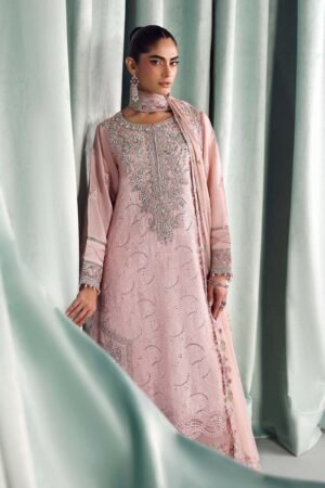 3 Piece Embroidered Tissue Silk Suit - Pink (Culottes)