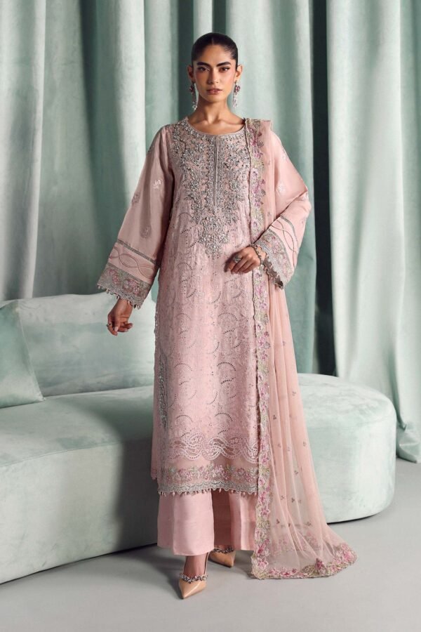 3 Piece Embroidered Tissue Silk Suit - Pink (Culottes)