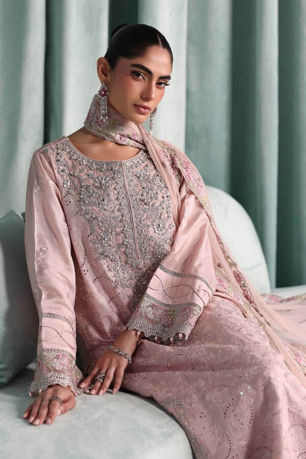 3 Piece Embroidered Tissue Silk Suit - Pink (Culottes)