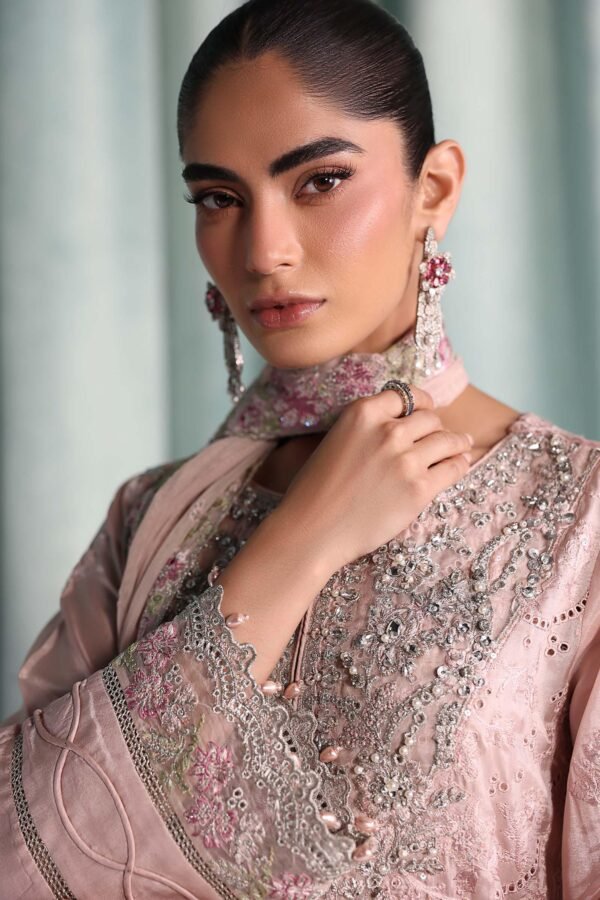 3 Piece Embroidered Tissue Silk Suit - Pink (Culottes)