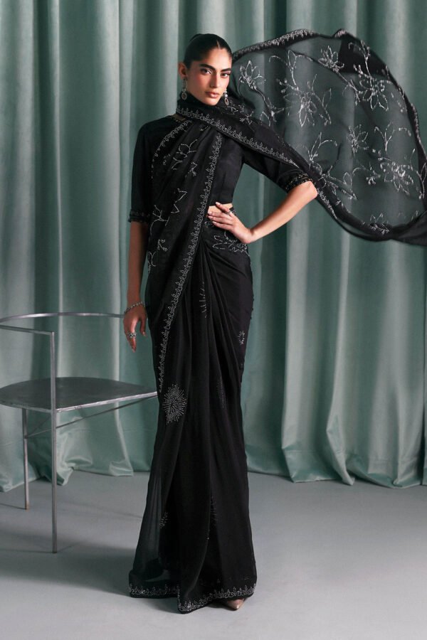 Embellished Chiffon Saree - Black