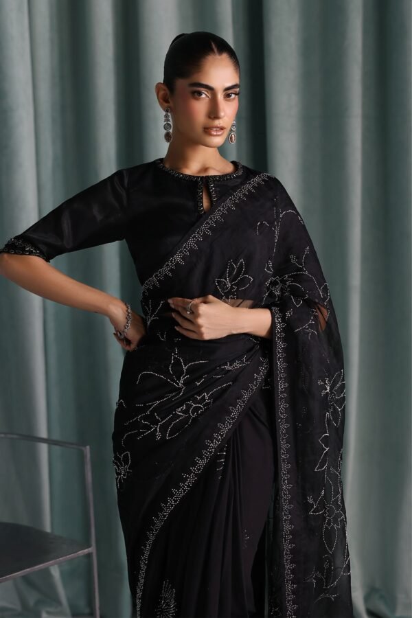 Embellished Chiffon Saree - Black