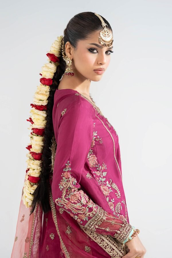 3 Piece Embroidered Raw Silk Suit - Pink (Gharara) 3 Piece Embroidered Raw Silk Suit - Pink (Gharara)