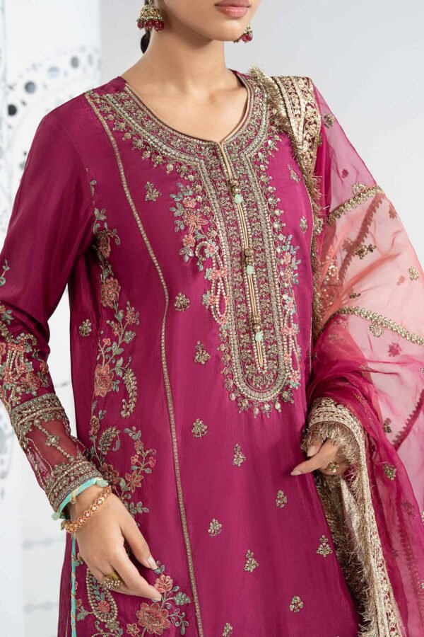 3 Piece Embroidered Raw Silk Suit - Pink (Gharara) 3 Piece Embroidered Raw Silk Suit - Pink (Gharara)