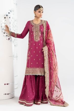 3 Piece Embroidered Raw Silk Suit - Pink (Gharara) 3 Piece Embroidered Raw Silk Suit - Pink (Gharara)