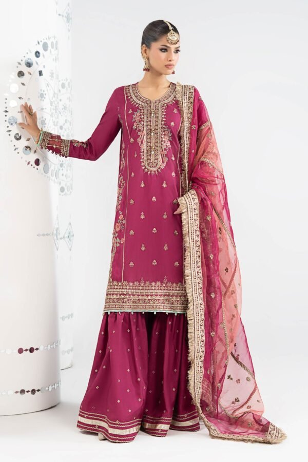 3 Piece Embroidered Raw Silk Suit - Pink (Gharara) 3 Piece Embroidered Raw Silk Suit - Pink (Gharara)