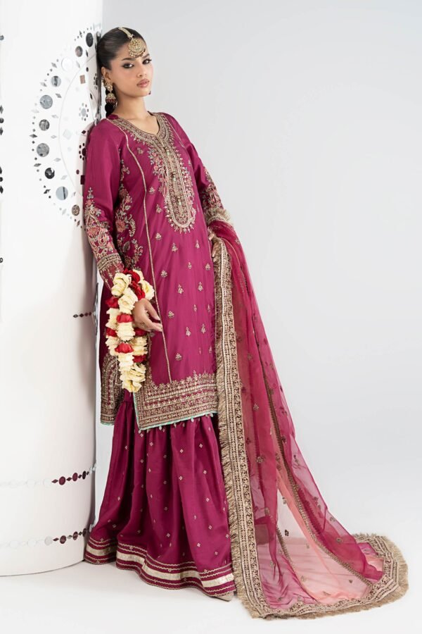 3 Piece Embroidered Raw Silk Suit - Pink (Gharara) 3 Piece Embroidered Raw Silk Suit - Pink (Gharara)