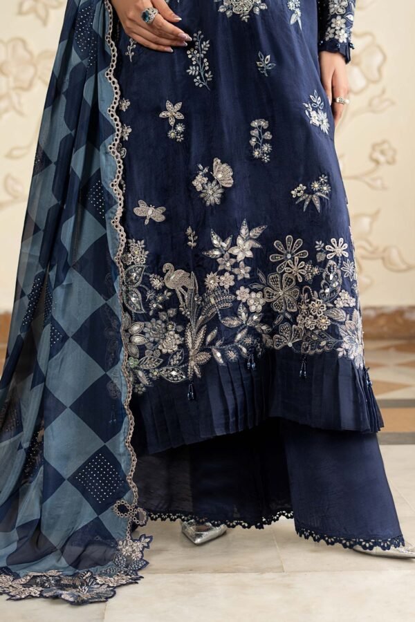 3 Piece Embroidered Tissue Silk Suit - Blue