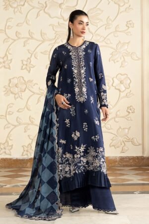 3 Piece Embroidered Tissue Silk Suit - Blue