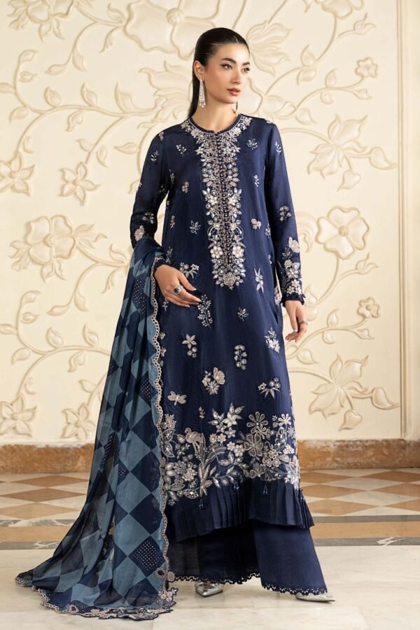 3 Piece Embroidered Tissue Silk Suit - Blue