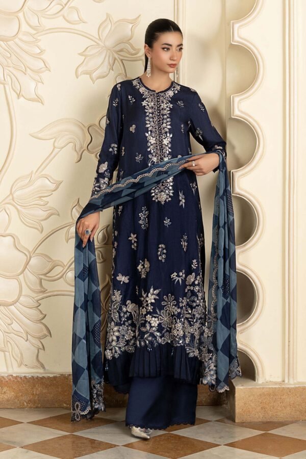 3 Piece Embroidered Tissue Silk Suit - Blue