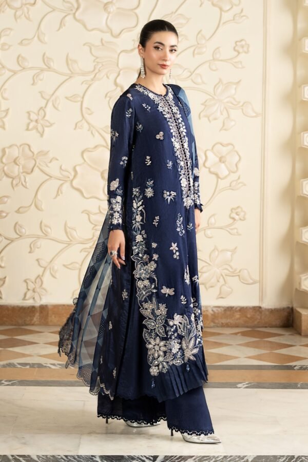 3 Piece Embroidered Tissue Silk Suit - Blue