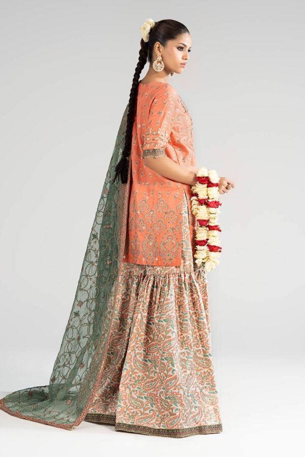 3 Piece Embroidered Raw Silk Suit - Orange