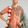 3 Piece Embroidered Raw Silk Suit - Orange
