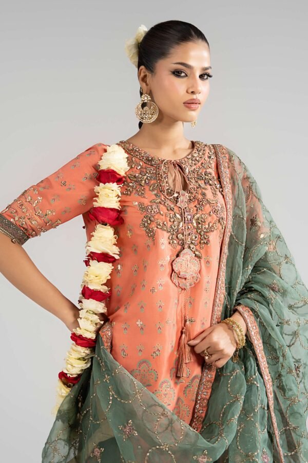 3 Piece Embroidered Raw Silk Suit - Orange