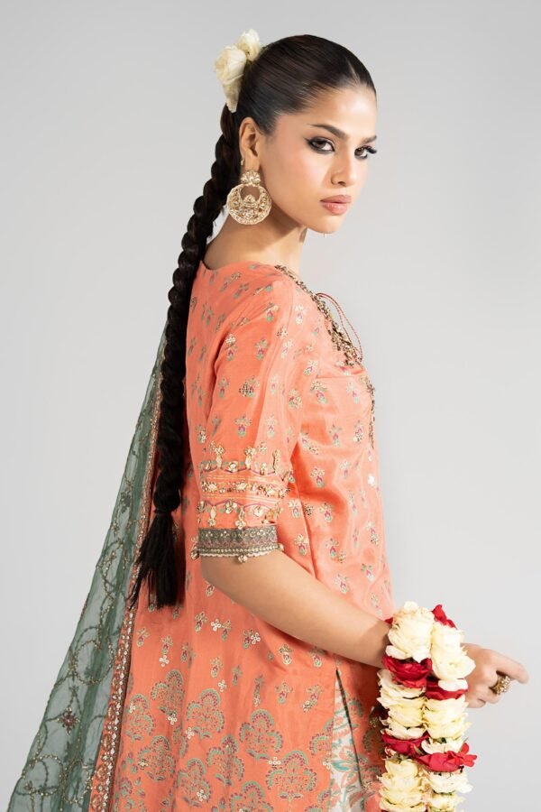 3 Piece Embroidered Raw Silk Suit - Orange