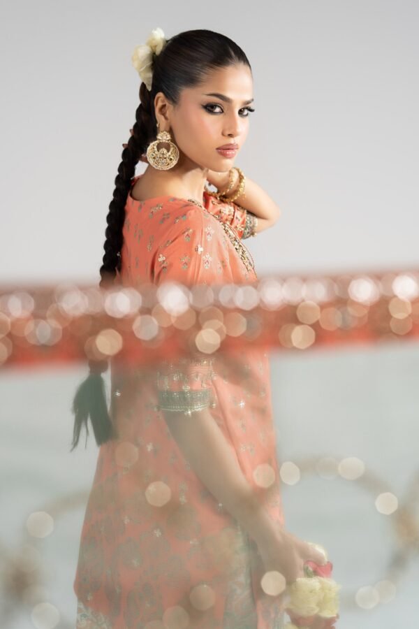 3 Piece Embroidered Raw Silk Suit - Orange