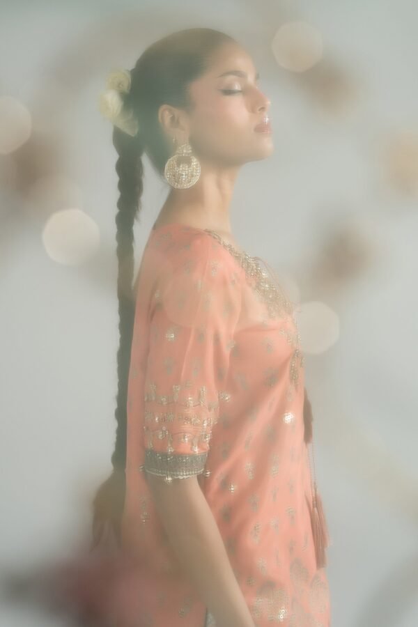 3 Piece Embroidered Raw Silk Suit - Orange
