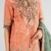 3 Piece Embroidered Raw Silk Suit - Orange