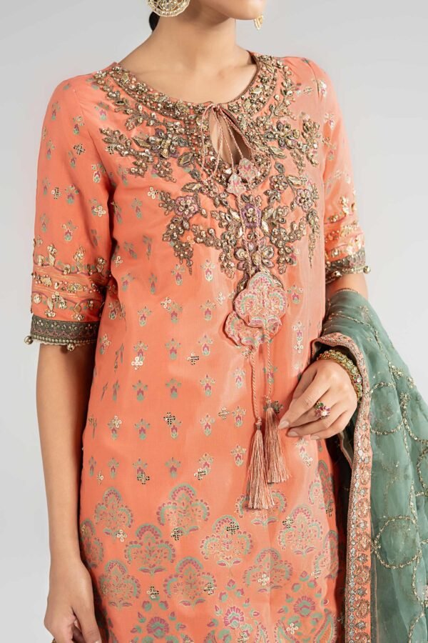 3 Piece Embroidered Raw Silk Suit - Orange