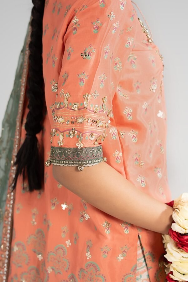 3 Piece Embroidered Raw Silk Suit - Orange