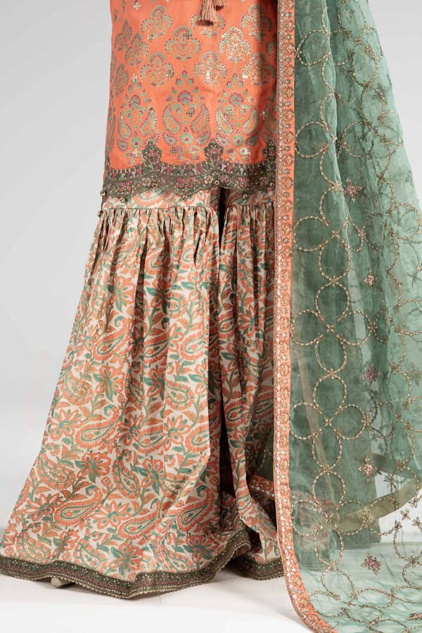 3 Piece Embroidered Raw Silk Suit - Orange