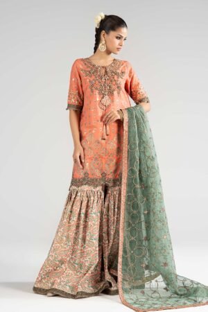 3 Piece Embroidered Raw Silk Suit - Orange