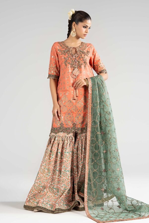 3 Piece Embroidered Raw Silk Suit - Orange